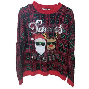 Juniors Large Ugly Christmas Sweater Sequins Red Green Santa's Bestie Reindeer